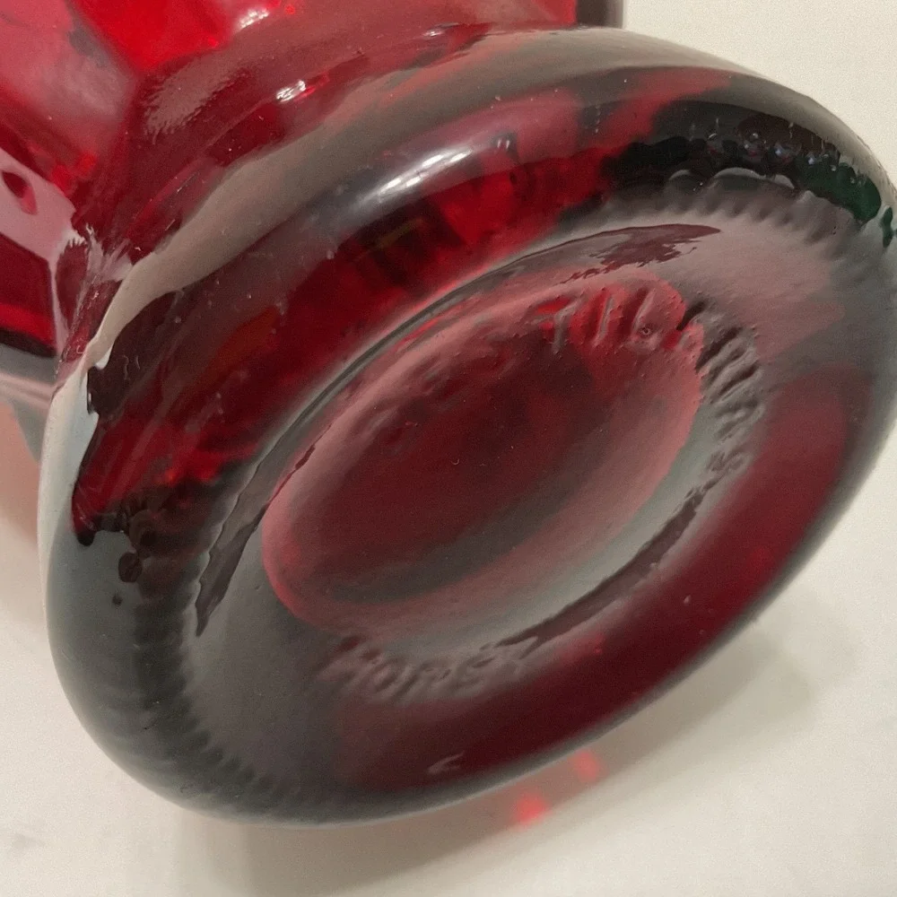 Vintage Glass Decanter Set Ruby Red Melon Emerald Green Embossed Bottles Corks
